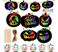 JULMELON 48 Pcs Halloween Scratch Paper Crafts Kit Bulk of Halloween Pumpkins Magic Rainbow Scratch Art DIY Party Ornaments Decor with 6 Pcs Pumpkins Stencils