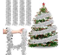 JULMELON 50ft Silver Tinsel Christmas Decorations, Christmas Silver Tinsel Garland, Xmas Artificial Vine Soft silverery Chunky Pine Garlands for Indoor Outdoor Supplies