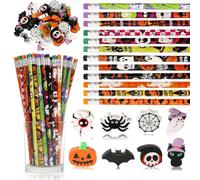 JULMELON 72PCS Halloween Pencils Bulk for Kids, School Party Favors Set | Wooden Pencils with Ghost Pumpkin Erasers, for Classroom Office Party Reward, Halloween School Supplies, Skeleton Bat Spider