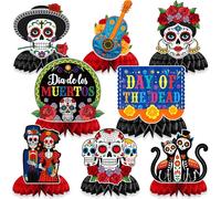 JULMELON 8 PCS Day of the Dead Table Decorations Honeycomb Centerpieces, 3D Double Side Dia De Los Muertos Centerpieces Sugar Skull Table Toppers for Halloween Mexican Party Decorations