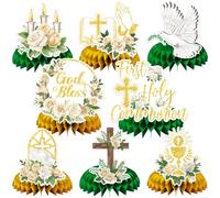 JULMELON 8PCS First Communion Decorations Baptism Honeycomb Centerpieces, God Bless First Holy Communion Table Decorations Baptism Centerpieces for Tables 1st Communion Party Supplies
