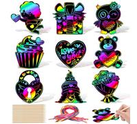 JULMELON Valentines Crafts for,36 Pack Heart Shape Scratch Art Paper Crafts Kit Magic Rainbow Scratch Cards Hang Tags Goody Bag Stuffers Valentines Day Gifts