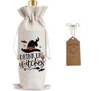 Julont 1Pcs Drink Up Witches Gifts Wine Bag,Halloween Wine Bag Halloween Gifts Party Decorations for Women Men with 1Pcs Kraft Blessing Cards and natural jute rope