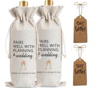 Julont 2Pcs Wedding Engagement Gifts for Couple, Mr & Mrs Gift, Newlywed Wine Bag Weeding Gift Wine Bag with 2Pcs Kraft Blessing Cards and natural jute rope