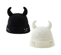 Julpsk 2 Pcs Funny Devil Horn Beanie Handmade Crochet Hat for Halloween Cosplay Party, 2 Pcs Black White, One Size