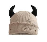 Julpsk Distressed Gothic Devil Horn Beanie Iron Ring Knitted Hat Y2K Grunge Emo Accessories, Beige, One size