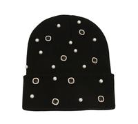 Julpsk Luxury Bling Rhinestone Hat Winter Cuffed Knit Pearl Beanie Daily Skull Cap, Black, One size