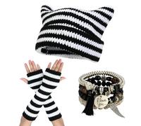 Julpsk Therian Stuff Grunge Emo Crochet Cat Ears Hat Striped Fingerless Gloves Stackable Bracelets Black
