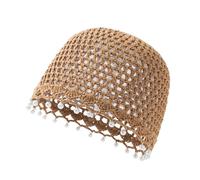 Julpsk Women's Lightweight Handmade Crochet Hat Boho Pearl Trim Beanie Cap for Beach Travel, 2 Khaki, One Size