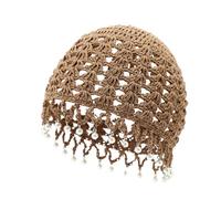 Julpsk Women's Lightweight Handmade Crochet Hat Boho Pearl Trim Beanie Cap for Beach Travel, Khaki, One Size