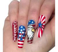 July 4th Coffin Press on Nails Long Fake Nails Acrylic Full Cover False Nails for Women Nail Art Decoration for Independence Day