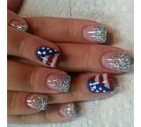 July 4th Square Press On Nails Star And Stripes Designs Glitters French Styles Full Covers Artificial Nails 24Pcs Flag Nail Designs
