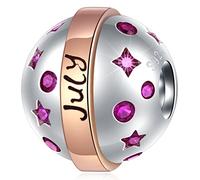 July Birthstone Planet Earth Charm-Fits Pandora Birthday Bracelet, 925 Sterling Silver with Rose Gold Plated, Ruby Red/Fuchsia CZ Round Star Beads, Gifts for 4th of July/Mum