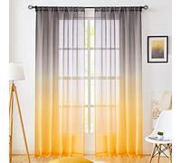 July Joy Faux Linen Ombre Sheer Curtains Yellow and Grey 2 Tone Reversible Rod Pocket for Bedroom Living Room, Privacy and Light Filtering Semi Sheer Gradient Window Curtain Pair, Set of 2 Panels