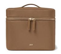 July Vanity Cosmetic Case - Stylish Travel Makeup Bag for Women with Removable Wet Pouch, Upright Bottle Design, Clear Top Pocket, Leather Handle, Travel Essentials, Toiletry Organizer - Light Brown