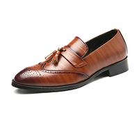 Julymens Men's Handsome Slip-on Tassel Brogues Faux Leather Dress Shoes SH026 Brown-46-UK10.5