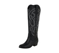 Julymens Womens Embroidered Cowboy Boots Western Boots Under Knee Pull On Chunky, black, 2/2.5 UK