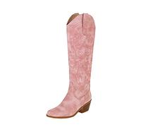 Julymens Womens Embroidered Cowboy Boots Western Boots Under Knee Pull On Chunky, Pink, 9.5 UK