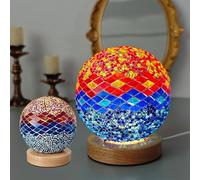 Julyue Turkish Table Lamp, Dimmable Moroccan Lamp with Wooden Base, Glass Mosaic Ball Lights, Bohemian Style Bedside Lamps, USB Powered Mosaic Night Light for Hmoe Bedroom Decor