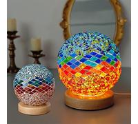 Julyue Turkish Table Lamp, Dimmable Moroccan Lamp with Wooden Base, Glass Mosaic Ball Lights, Bohemian Style Bedside Lamps, USB Powered Mosaic Night Light for Hmoe Bedroom Decor