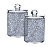 JUMBEAR 2 Pack Silver Glitter Texture Qtip Holder Organizer Dispenser，Bathroom Storage Canister Cotton Ball Holder Bathroom Containers for Cotton Swabs/Pads/Floss