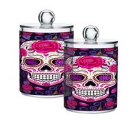 JUMBEAR 2Pack Transparent Acrylic Cotton Pad Holder Qtip Apothecary Jar Plastic Cotton Balls Holder Cotton Swab Ball Pad Holder Cosmetic Storage Boxes with Lid-Beautiful Flowers and Skull