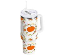 JUMBEAR 30oz Pumpkin and Leaf Flower Circle Tumbler with Handle and Straw Lid,Insulated Reusable Stainless Steel Water Bottle Travel Mug Iced Coffee Cup