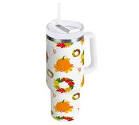 JUMBEAR 30oz Pumpkin and Leaf Flower Circle Tumbler with Handle and Straw Lid,Insulated Reusable Stainless Steel Water Bottle Travel Mug Iced Coffee Cup