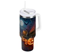 JUMBEAR 40oz Halloween Pumpkin and Crow Tumbler with Handle and Straw Lid,Insulated Reusable Stainless Steel Water Bottle Travel Mug Iced Coffee Cup