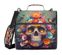 JUMBEAR Beautiful Flower Skull and Bird Zipper Binder with Shoulder Strap- 1.5 Inch O-Rings -Expanding File Folder - Multiple Pockets - 600 Sheet Capacity