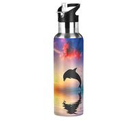 JUMBEAR Beautiful Sunset Beach Ocean Dolphin Water Bottle Acuum Insulated Stainless Steel Leakproof Wide Mouth Kettle with Straw Lid for Fitness Gym Outdoor Sports