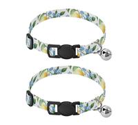 JUMBEAR Blue Forget Me Nots and Lemons Dog Collar With Bell 2-Pack,Soft Adjustable Puppy Collar Pet Collars for Small Medium Dogs and Cats