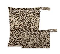 JUMBEAR Brown Leopard Print Wet Dry Bags Sets Waterproof Reusable Travel Beach Baby Cloth Diaper Wet Dry Bags Organizer with Two Zippered Pockets for Swimsuit and Gym 2PCS
