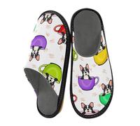 JUMBEAR Cute French Dogs Sitting in Colorful Cups Memory Foam Slippers Slip on Anti-Skid Sole Bedroom House Slippers of Women Men-25