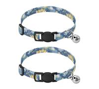 JUMBEAR Golden Blue Lotus Water Painting Dog Collar With Bell 2-Pack,Soft Adjustable Puppy Collar Pet Collars for Small Medium Dogs and Cats