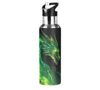 JUMBEAR Green Flame Dragon Water Bottle Acuum Insulated Stainless Steel Leakproof Wide Mouth with Straw Lid for Fitness Gym and Outdoor Sports 22OZ