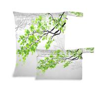 JUMBEAR Green Leaves Wet Dry Bags Sets Waterproof Reusable Travel Beach Baby Cloth Diaper Wet Dry Bags Organizer with Two Zippered Pockets for Swimsuit and Gym 2PCS