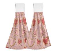 JUMBEAR Hanging Hand Dry Towels 2PCS,Microfiber Coral Velvet Hand Towels Hanging Loop, Absorbent Super Soft Hand Towels for Kitchen Bathroom-Pink Red Love Hearts