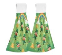 JUMBEAR Hanging Hand Dry Towels 2PCS,Microfiber Coral Velvet Hand Towels Hanging Loop, Absorbent Super Soft Hand Towels for Kitchen Bathroom-St. Patrick's Day Shamrock and Elf