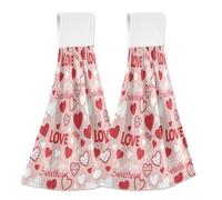 JUMBEAR Hanging Hand Dry Towels 2PCS,Microfiber Coral Velvet Hand Towels Hanging Loop, Absorbent Super Soft Hand Towels for Kitchen Bathroom-Pink Red Love Hearts