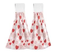 JUMBEAR Hanging Hand Dry Towels 2PCS,Microfiber Coral Velvet Hand Towels Hanging Loop, Absorbent Super Soft Hand Towels for Kitchen Bathroom-Pink Red Love Hearts
