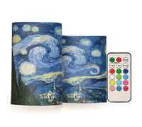 JUMBEAR LED Candles Set of 2,Van Gogh The Starry Night Art Flameless Candles 4" 5" Real Wax Battery Candle Pillars, 18 Key Remote Control with 24 Hour Timer Function