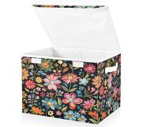 JUMBEAR Mexican Floral Fabric Storage Boxes with Lids,Collapsible Storage Basket Bins for Clothes Large Foldable Storage Box for Wardrobe Bedroom Office