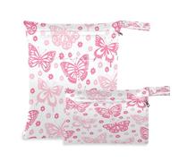 JUMBEAR Pink Butterfly Wet Dry Bags Sets Waterproof Reusable Travel Beach Baby Cloth Diaper Wet Dry Bags Organizer with Two Zippered Pockets for Swimsuit and Gym 2PCS
