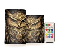 JUMBEAR Vintage Owl Gold LED Candles Set of 2,Flameless Candles 4" 5" Real Wax Battery Candle Pillars, 18 Key Remote Control with 24 Hour Timer Function