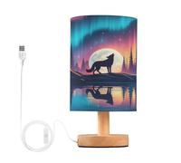 JUMBEAR Wolf Under The Aurora Small Eye Care Table Lamp,Bedside Lamps Nightstand Lamps with Flaxen Fabric Shade for Kids Room Living Room Office Desk