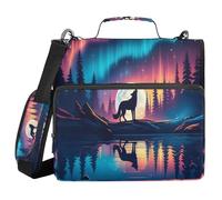 JUMBEAR Wolf Under The Aurora Zipper Binder with Shoulder Strap- 1.5 Inch O-Rings -Expanding File Folder - Multiple Pockets - 600 Sheet Capacity