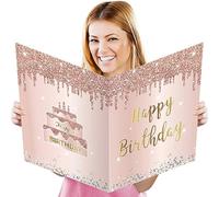 Jumbo Birthday Card With Envelope, Giant Guest Book Happy Birthday Greeting Cards for Girls Women, Large Birthday Card Gifts Decorations Party Supplies, Pink Rose Gold Extra Big Birthday Card Decor(14
