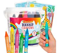 Jumbo Bucket Crayons for Toddlers - Non-Toxic Washable Set 18 Pack | Ergonomic Rounded Grip Resists Breaking - Comes with Printed Coloring Sheets in a Sturdy, Kid-Safe Carry Pail