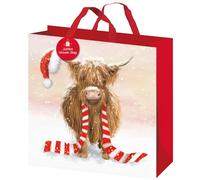 Jumbo Christmas Highland Cow Shopping Tote Bag - 43cm x 44cm x 18cm Strong Reusable Gift Bag - Woven Carry Bags with Red Handles - Festive Present Bags for Christmas Shopping & Gifting